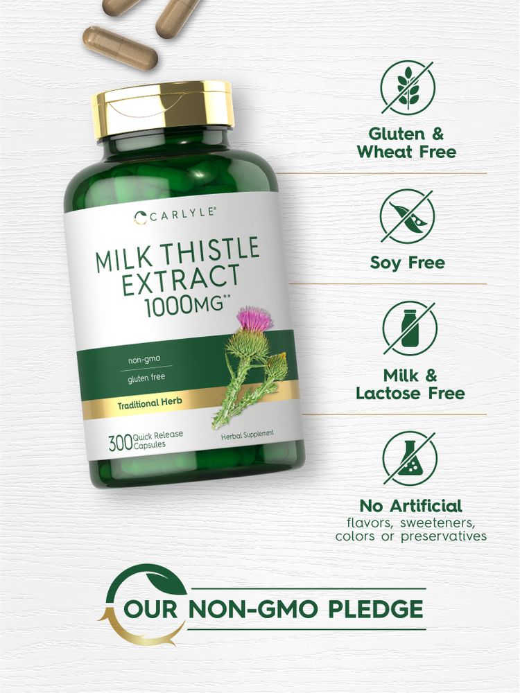 Bottle of Milk Thistle Extract 1000mg Quick Release Capsules with 300 capsules visible.