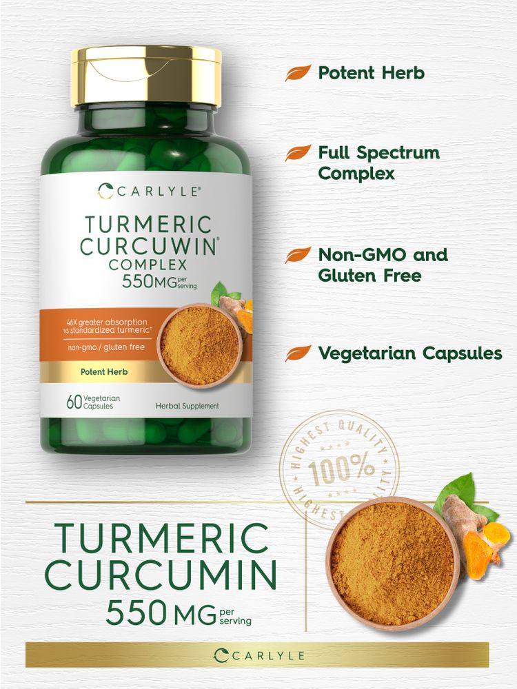 Carlyle Turmeric Curcuwin Complex Vegetarian Capsules offer 550 MG per serving for wellness support.