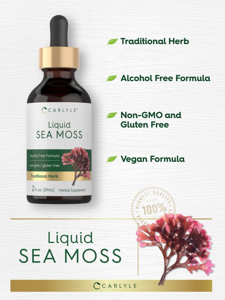 A hand holding a 2 fl. oz. (59mL) bottle of Liquid Sea Moss, showcasing the product's size and packaging.