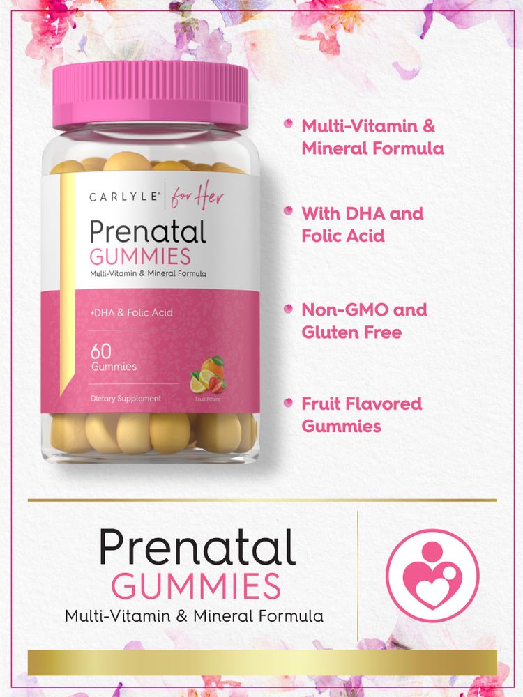Carlyle for Her Prenatal Gummies with DHA, Folic Acid, Non-GMO, Gluten Free; 60 fruit-flavored multi-vitamins and minerals.