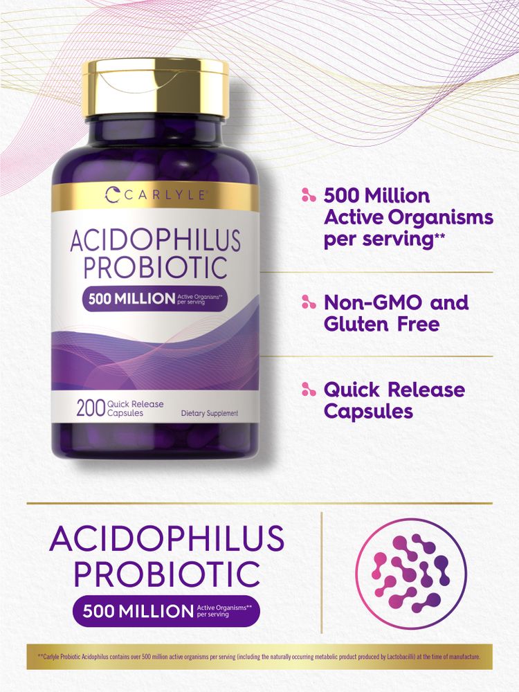 Hand holding Acidophilus Probiotic bottle containing 200 capsules, each with 500 million active organisms.