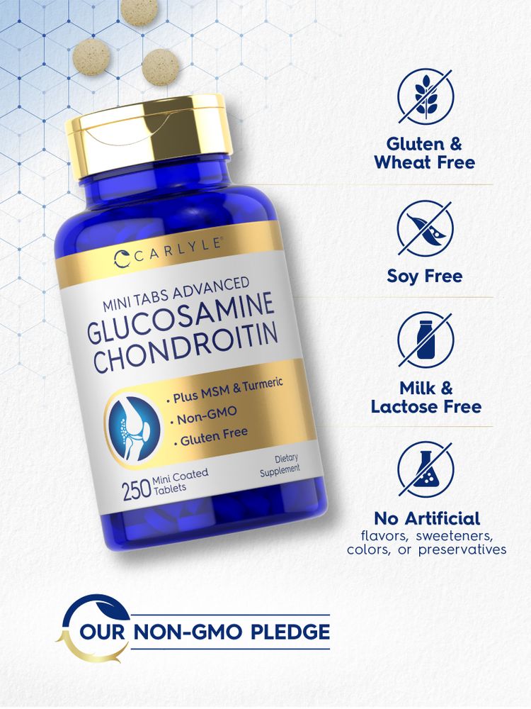 Carlyle Mini Tabs Advanced Glucosamine Chondroitin 250 Mini Coated Tablets shown, with several light brown tablets visible.