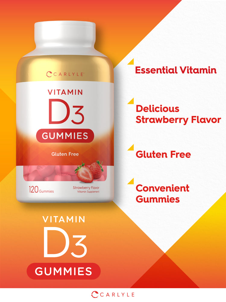 Product highlights graphic stating Essential Vitamin, Delicious Strawberry Flavor, Gluten Free, and Convenient Gummies.