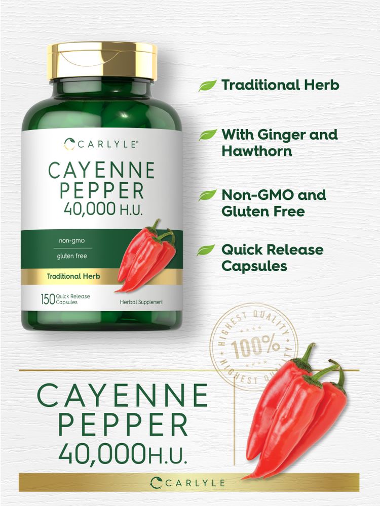 Carlyle Cayenne Pepper 40,000 H.U. 150 Quick Release Capsules with hand for scale.