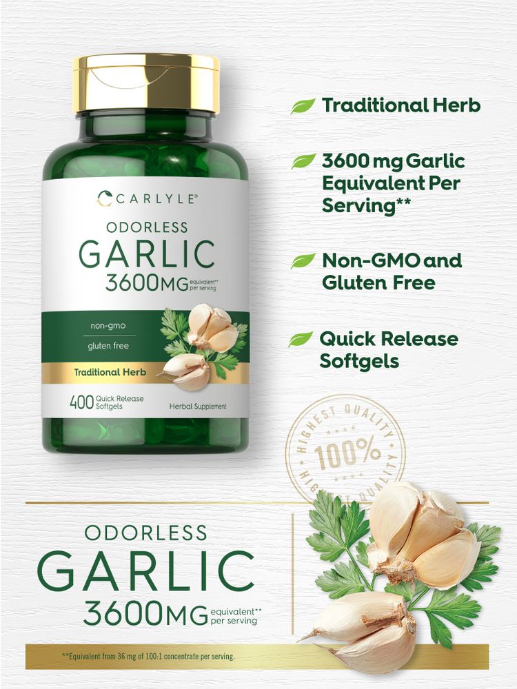 Hand holding a bottle labeled Odorless Garlic 3600 mg equivalent, 400 Quick Release Softgels.