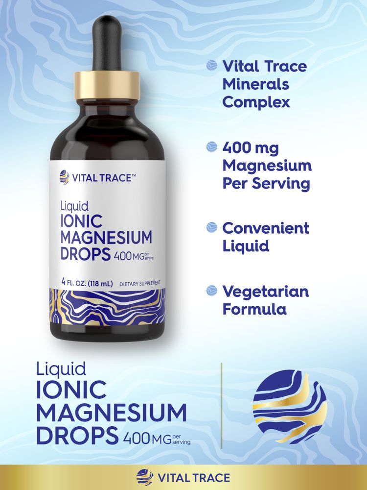 Product highlights graphic stating Vital Trace Minerals Complex, 400 mg Magnesium Per Serving, Convenient Liquid, Vegetarian Formula