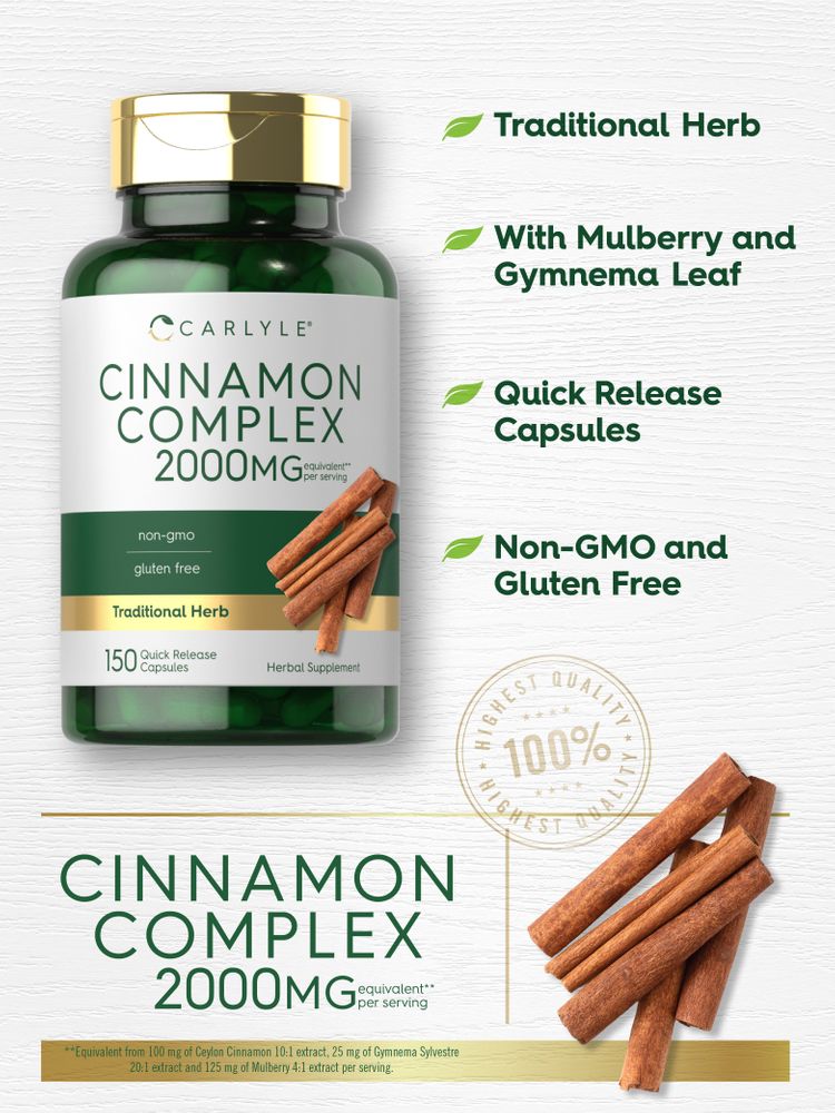 Carlyle Cinnamon Complex 2000mg per serving, 150 Quick Release Capsules, shown on scale.