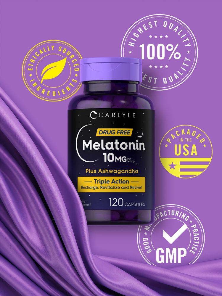 A hand holding Carlyle Melatonin 10 mg plus Ashwagandha, containing 120 capsules.