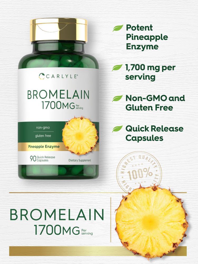 Carlyle Bromelain 1700 mg Quick Release Capsules, 90 count, shown on a hand scale for size reference.