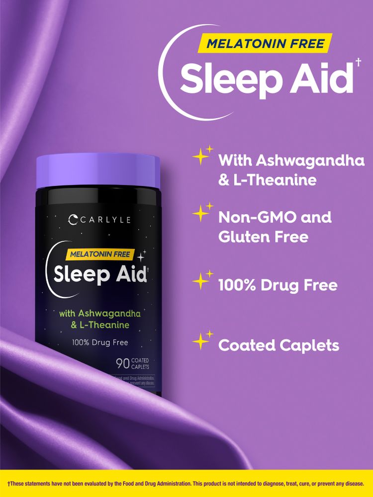 Carlyle Melatonin Free Sleep Aid, 90 coated caplets with Ashwagandha & L-Theanine, Non-GMO, Gluten Free, 100% Drug Free.