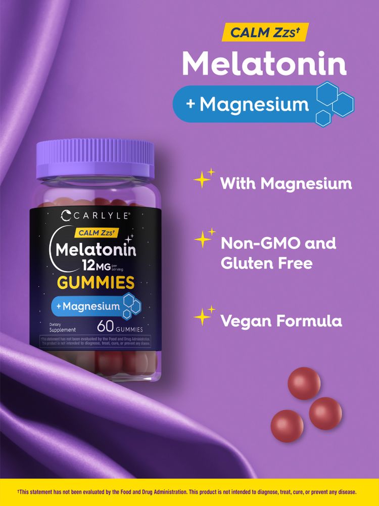 Three red melatonin 12mg with magnesium gummies on a scale, highlighting dosage and supplement form.