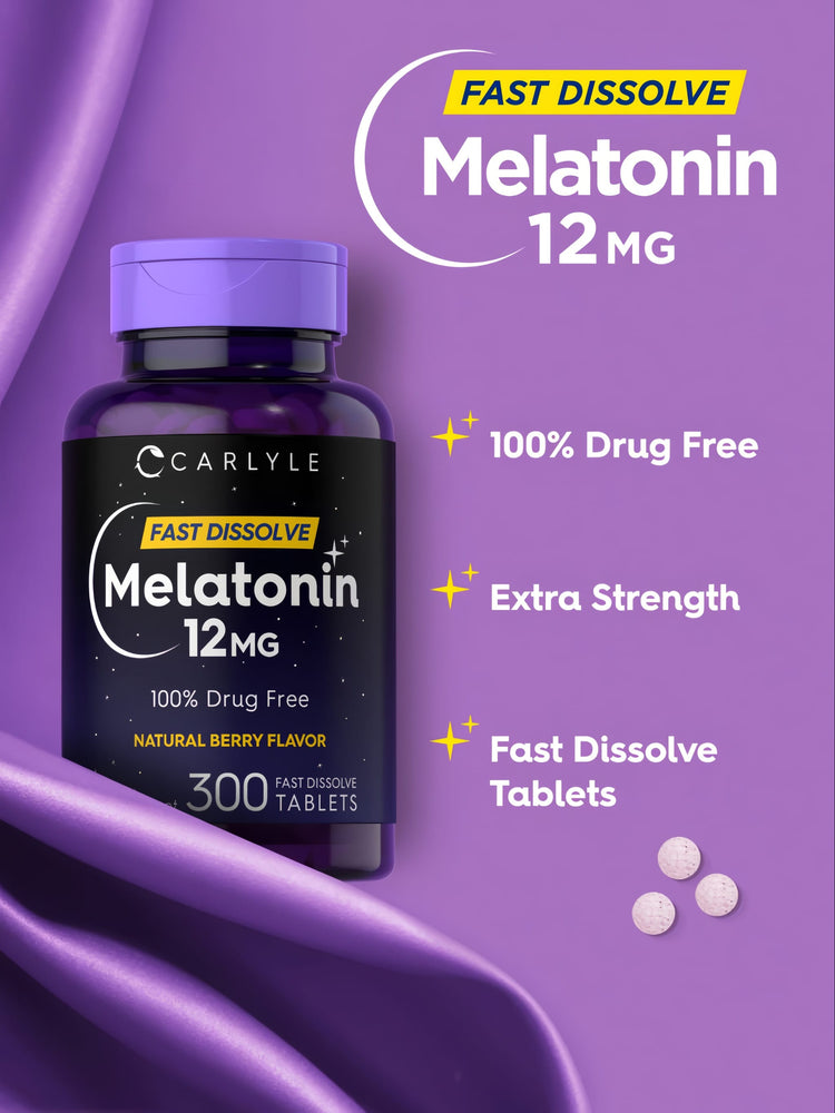 A hand holds three white Melatonin 12MG Fast Dissolve Tablets.