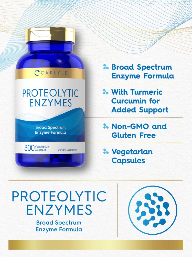 Product highlights graphic stating Broad Spectrum Enzyme Formula, With Turmeric Curcumin for Added Support, Non-GMO and Gluten Free, Vegetarian Capsules