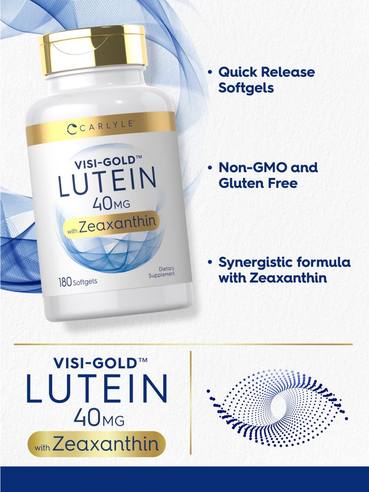 Carlyle Visi-Gold Lutein 40MG with Zeaxanthin, 180 Softgels with hand for scale.