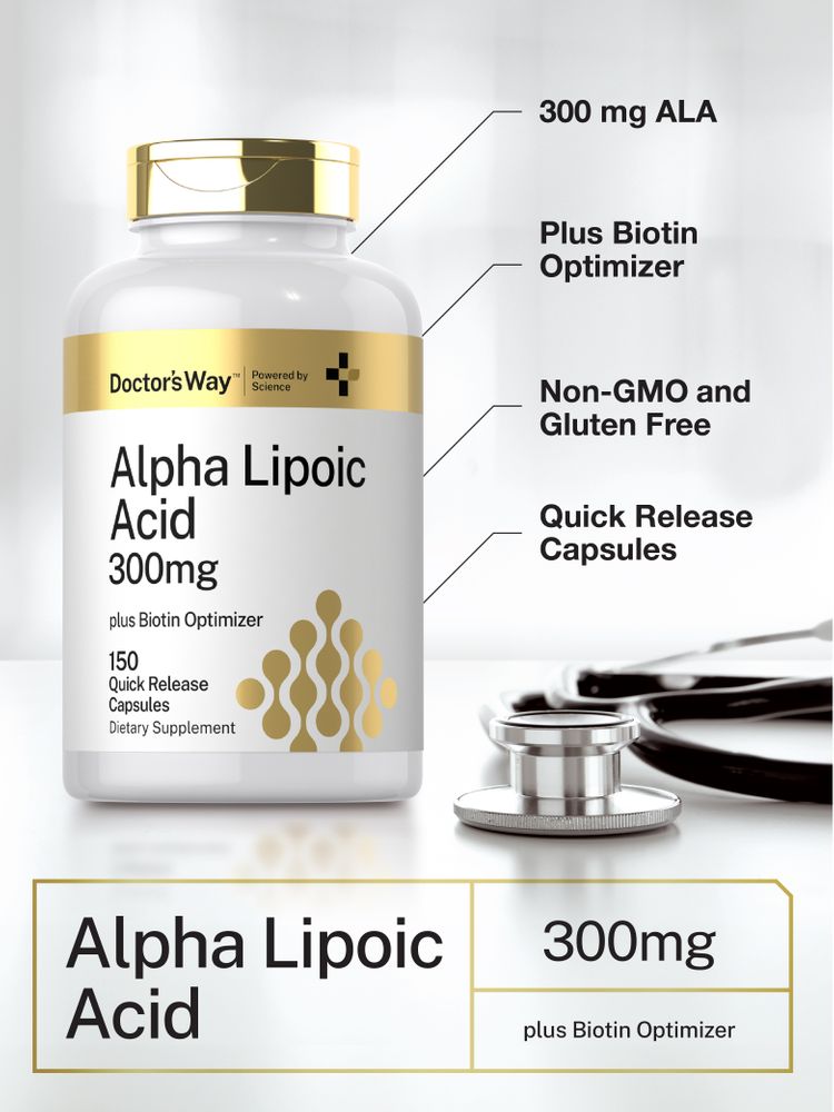 Hand holding a bottle of quick-release 300 mg ALA capsules on a bulk scale, showcasing the product size and packaging.