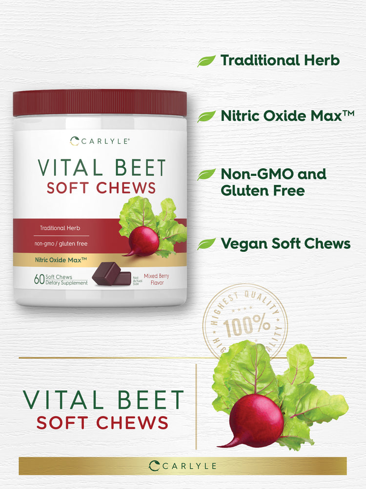 Carlyle Vital Beet Soft Chews, 60 count, Mixed Berry Flavor. Traditional Herb, Nitric Oxide Max™, non-GMO and gluten-free.