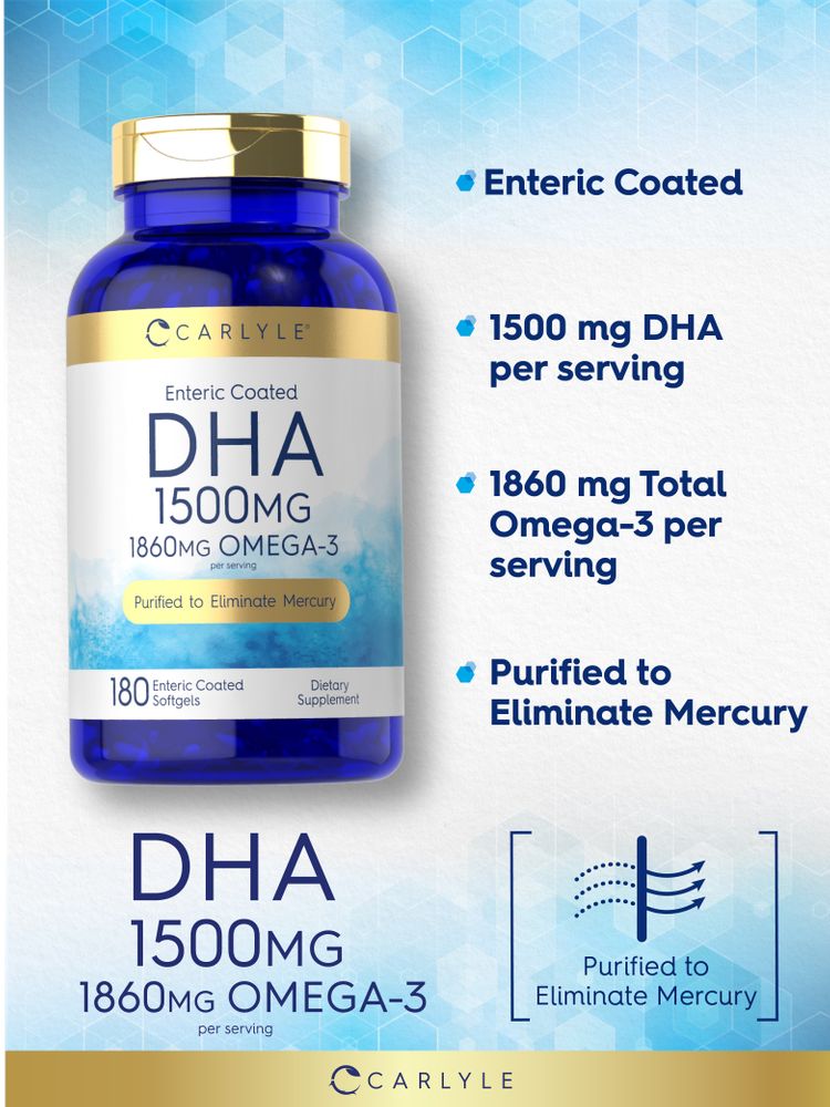 Enteric coated softgels, 180 count, containing 1500 mg DHA and 1860 mg total Omega-3 per serving.