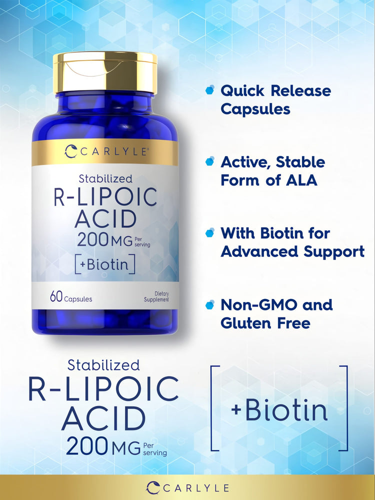 Product highlights graphic stating Quick Release Capsules, Active, Stable Form of ALA, With Biotin for Advanced Support, Non-GMO and Gluten Free