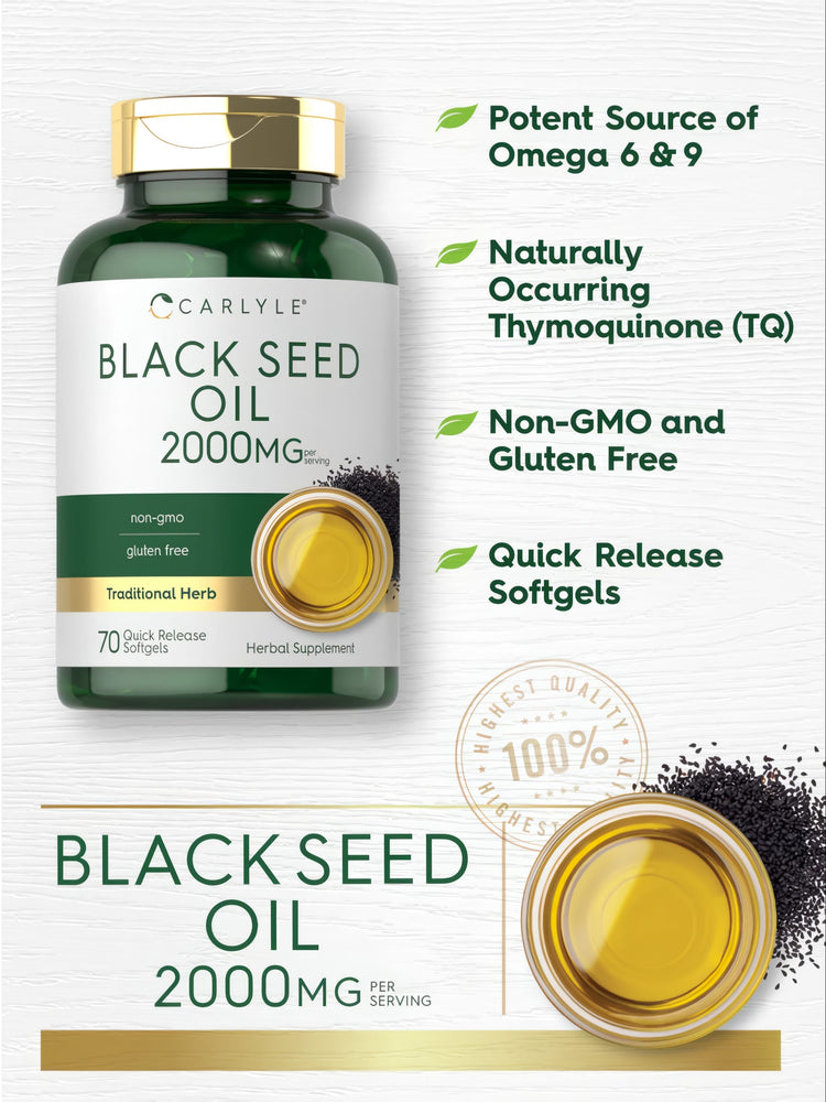 Carlyle Black Seed Oil 2000 mg, 70 quick release softgels on bulk scale for measurement.