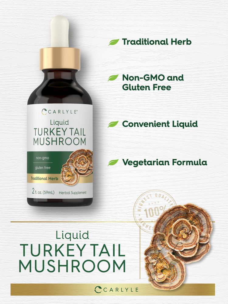 Hand holding Liquid Turkey Tail Mushroom extract, 2 fl. oz. (59mL) bottle, showcasing size and portability.
