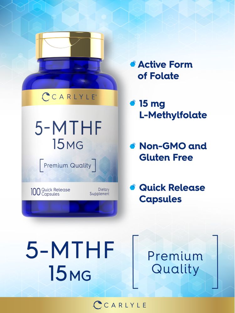A hand holds a bulk container of 100 5-MTHF 15 mg quick release capsules.