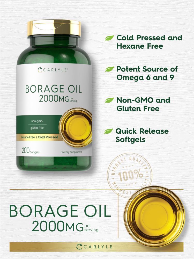 Borage Oil, 2000MG per serving, contains 200 softgels.