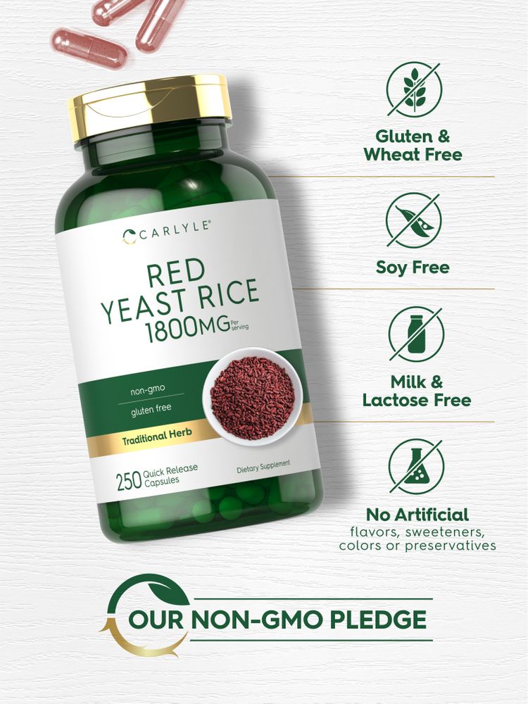 Red Yeast Rice 1800mg 250 Quick Release Capsules displayed with loose red capsules on a hand scale.