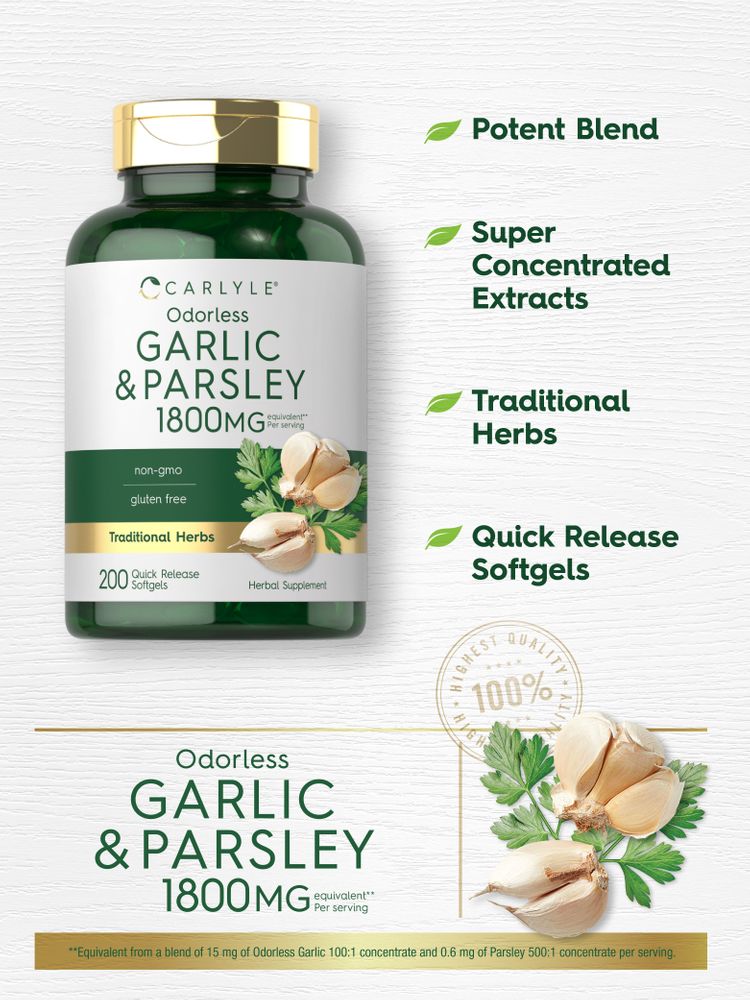 Carlyle Odorless Garlic & Parsley 1800MG equivalent, 200 Quick Release Softgels shown on a hand scale.