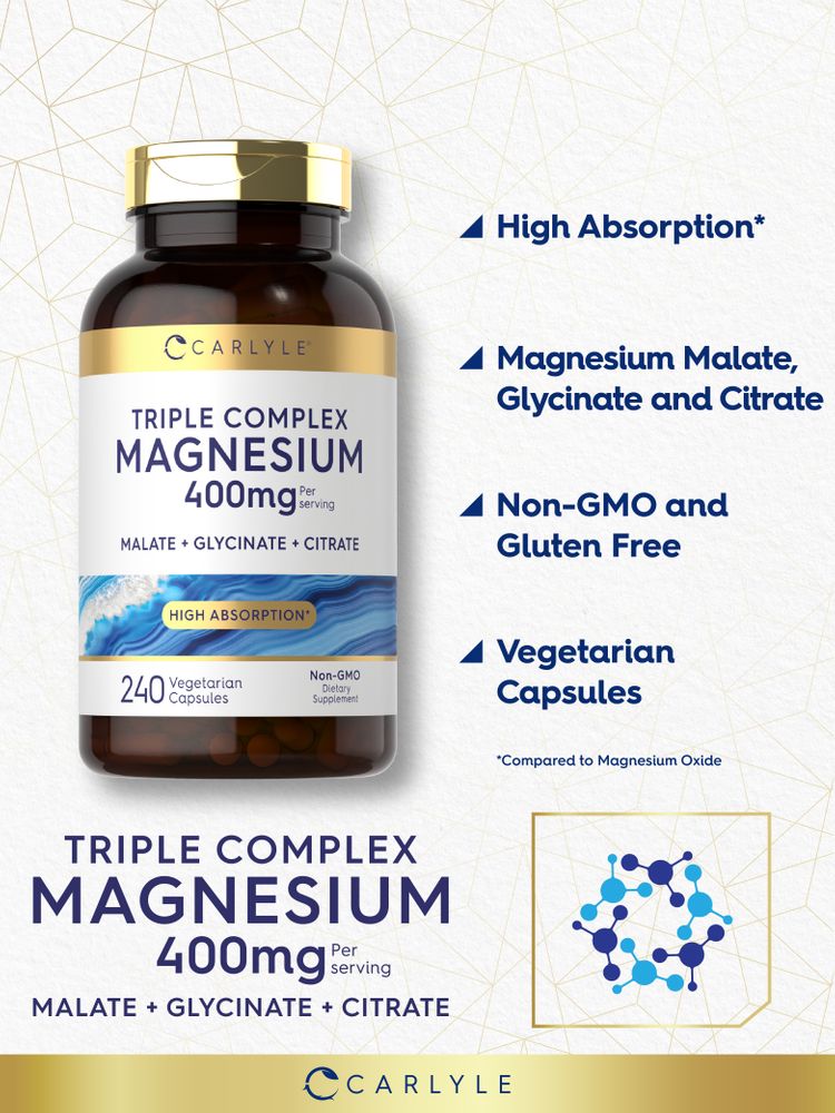 A bottle containing 240 vegetarian capsules of 400mg Triple Complex Magnesium is shown in the image.