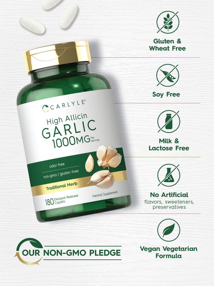 Three white Garlic High Allicin 1000mg caplets on a bulk scale.