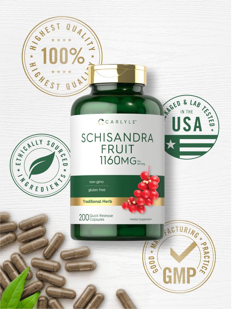 Brown Schisandra Fruit 1160 mg Quick Release Capsules scattered loosely on a white surface.