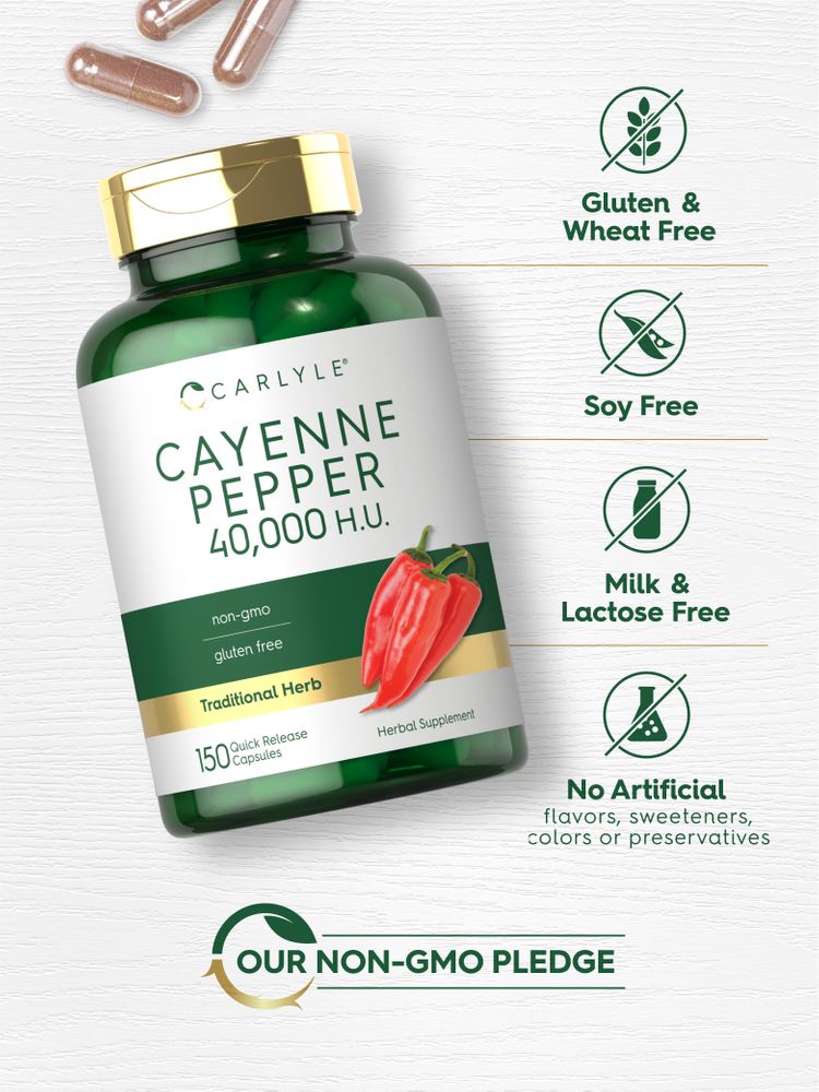 Carlyle Cayenne Pepper 40,000 H.U. bottle with 150 quick release capsules and loose brown-orange capsules nearby.