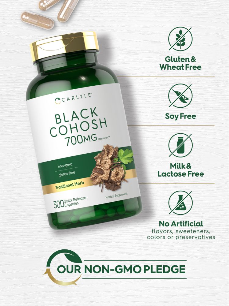A variety of Carlyle Black Cohosh 700mg Quick Release Capsules displayed on a surface.