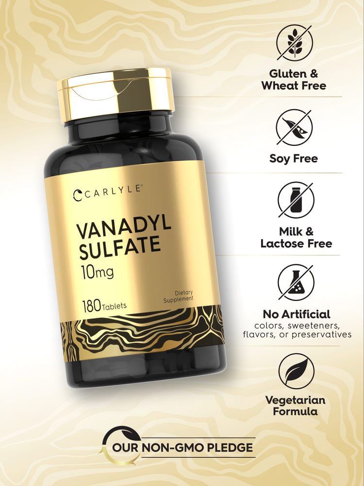 Vanadyl bottle: Gluten & Wheat Free, Soy Free, Milk & Lactose Free, No Artificial Colors/Sweeteners/Flavors/Preservatives, Vegetarian Formula, Non-GMO