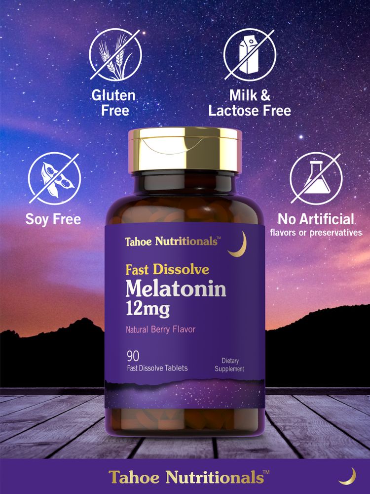 A melatonin bottle labeled as gluten free, milk and lactose free, soy free, with no artificial flavors or preservatives.