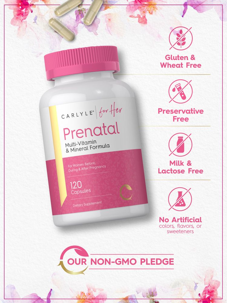 Several light beige capsules from a Carlyle Prenatal Vitamins & Minerals 120 Capsules bottle in bulk.