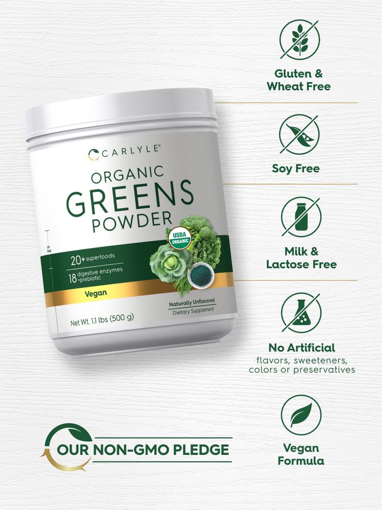 Greens bottle: Gluten & Wheat Free, Soy Free, Milk & Lactose Free, No Artificial Flavors/Sweeteners/Colors/Preservatives, Vegan, Non-GMO Pledge