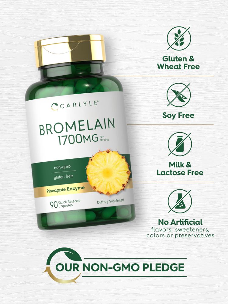 Bromelain bottle: Gluten & Wheat Free, Soy Free, Milk & Lactose Free, No Artificial flavors, sweeteners, colors or preservatives
