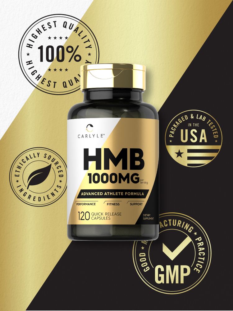 HMB 1000mg per serving in quick release capsules are displayed on a scale held by a hand, highlighting supplement dosage.