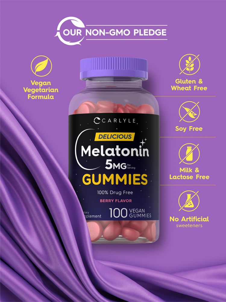 Melatonin bottle: OUR NON-GMO PLEDGE, Vegan Vegetarian Formula, Gluten & Wheat Free, Soy Free, Milk & Lactose Free, No Artificial Sweeteners