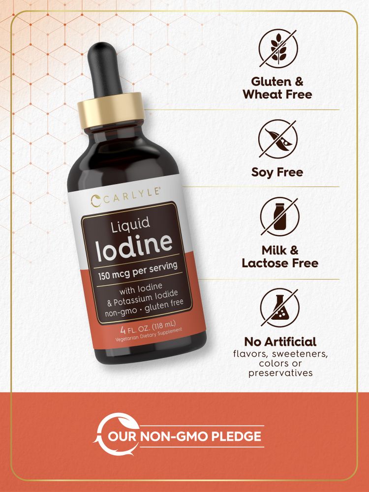Liquid Iodine bottle: Gluten & Wheat Free, Soy Free, Milk & Lactose Free, No Artificial Flavors/Sweeteners/Colors/Preservatives, Non-GMO