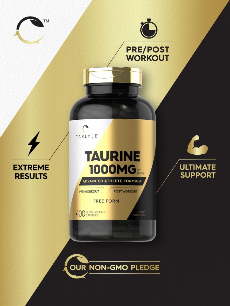 Taurine 1000mg quick-release capsules, available in a pack of 400, are displayed on a bulk scale for measurement.