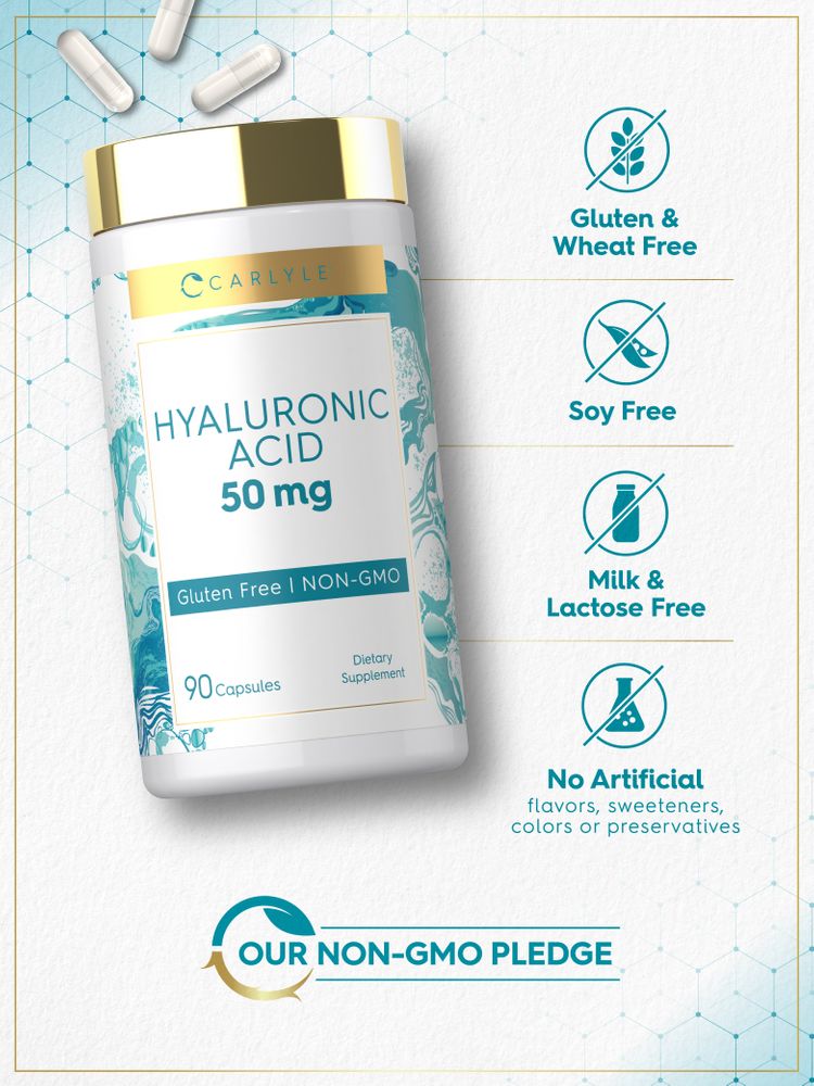 White capsules labeled as Hyaluronic Acid 50 mg, displayed on a scale.