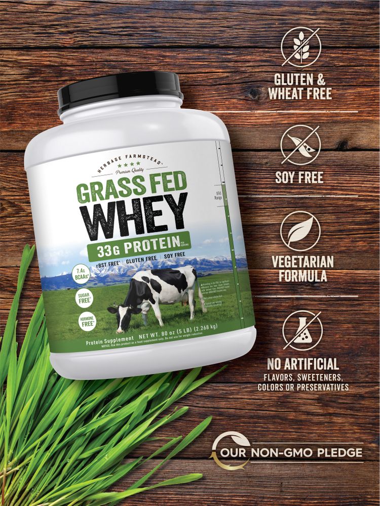 Herbage Farmstead Grass Fed Whey Protein Supplement, weighing 80 oz (5 LB) or 2.268 kg, displayed on hand scale.