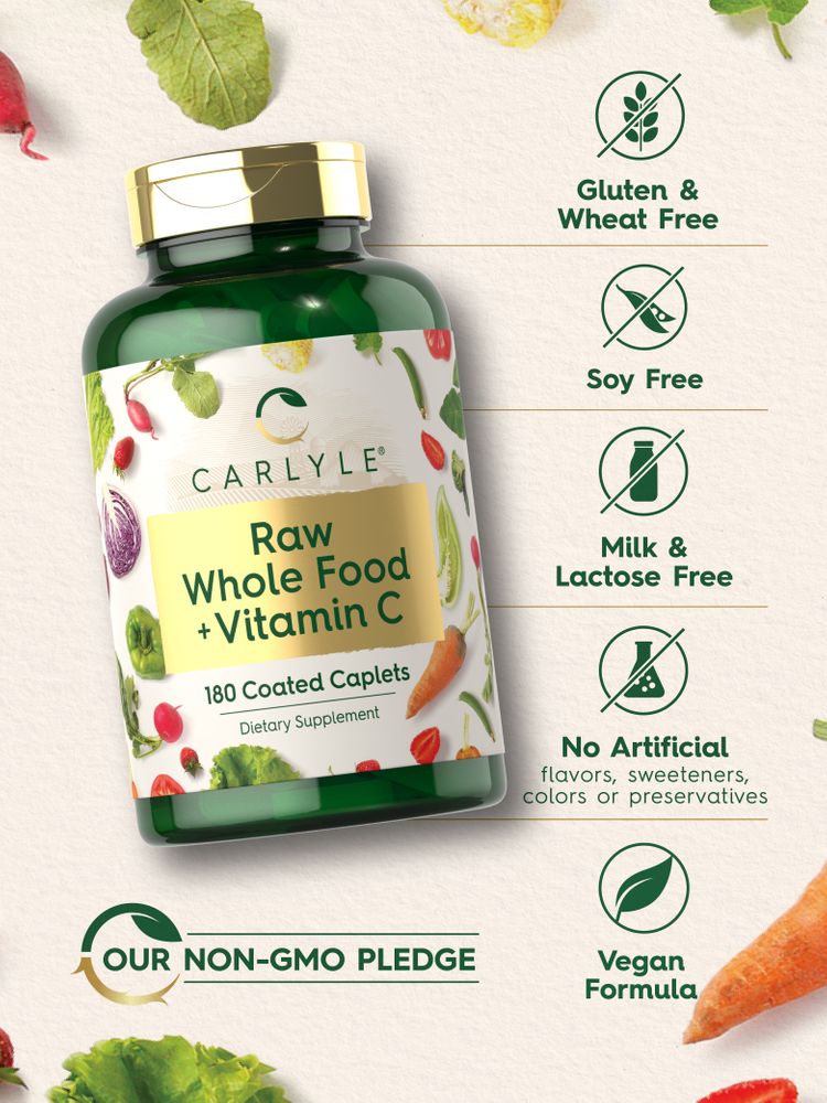 Hand holding Carlyle Raw Whole Food + Vitamin C bottle, showing 180 coated caplets.