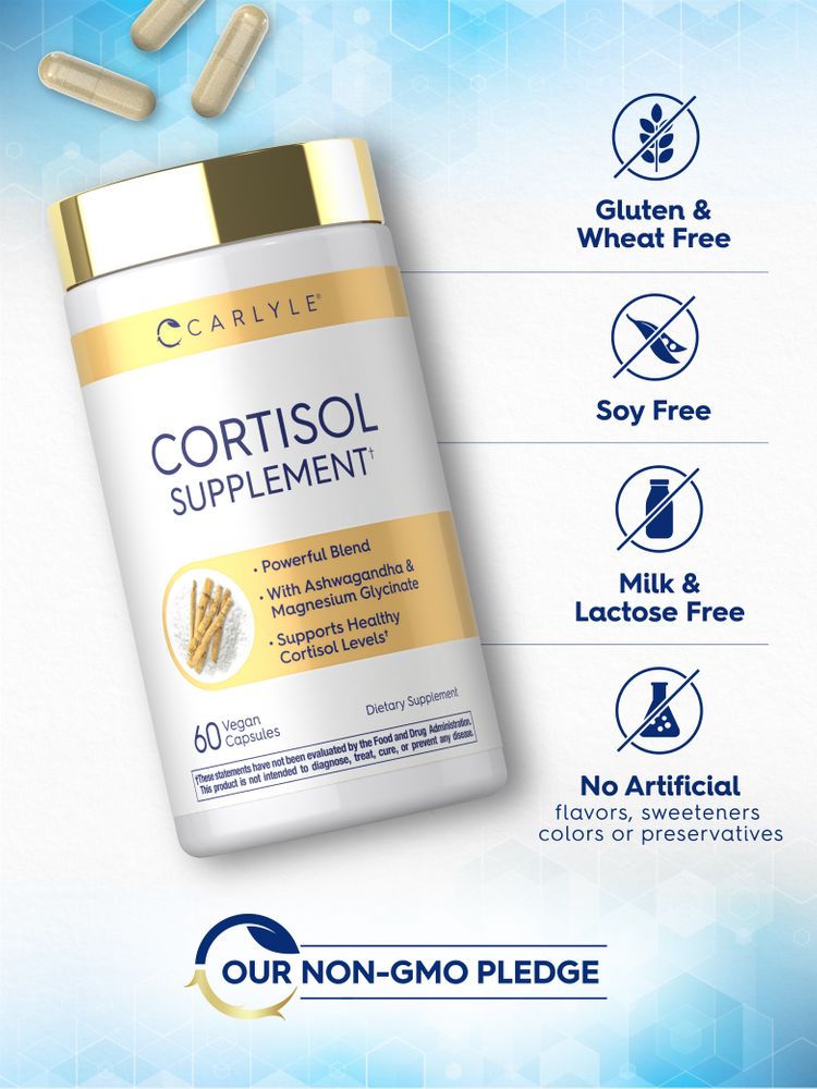 Several light-brown Vegan Capsules and a Carlyle Cortisol Supplement bottle with 60 capsules are visible.