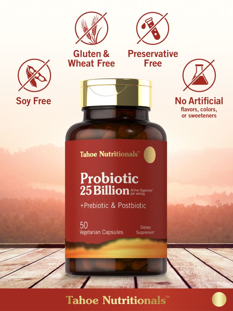 Probiotic bottle labeled as gluten, wheat, and preservative free, plus no soy or artificial flavors, colors, or sweeteners.