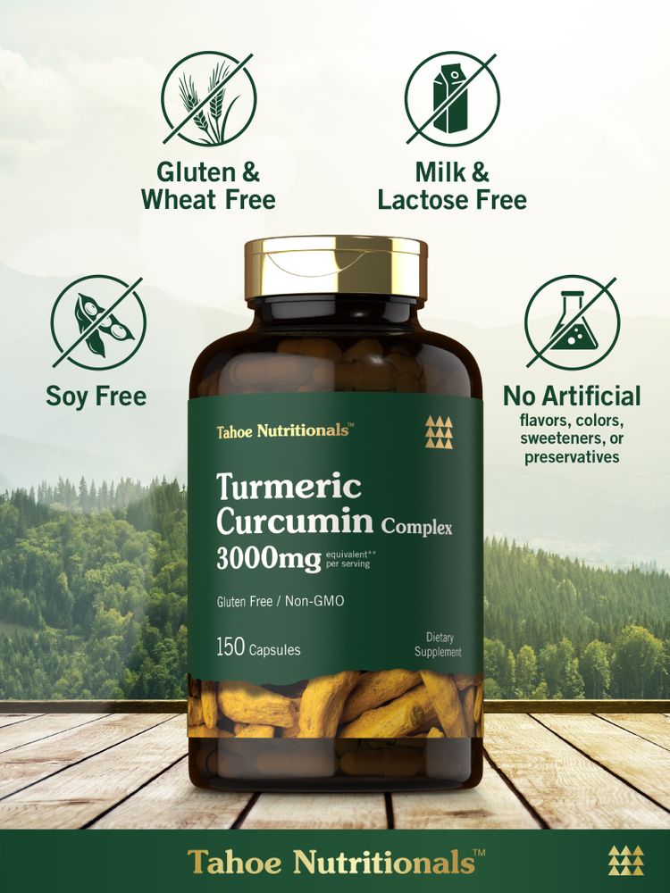 Hand holding Turmeric Curcumin Complex capsules, 3000 mg per serving, 150 in total.
