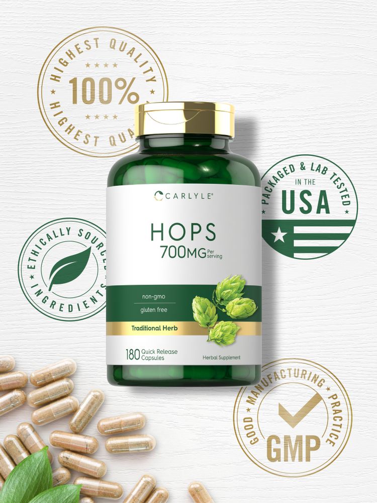 Hops 700 mg Quick Release Capsules scattered around an open bottle, designed for easy handling and dosage.