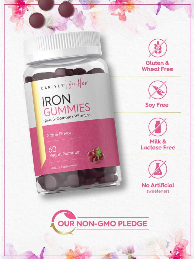 Iron Gummies bottle that is gluten and wheat free, soy free, milk and lactose free, with no artificial sweeteners.